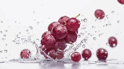 Fresh grapes falling into the water with ripples and splashes, ideal for food or beverage related concepts