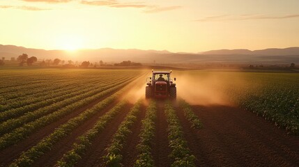 Fototapeta premium Tractor equipped with a pesticide sprayer system working in a neatly lined field of crops, dust and mist visible in the air.