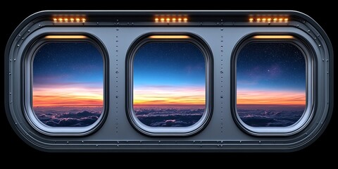 Obraz premium A trio of portholes reveal a vibrant sunrise over a sea of clouds, with the stars above shining through the twilight sky.