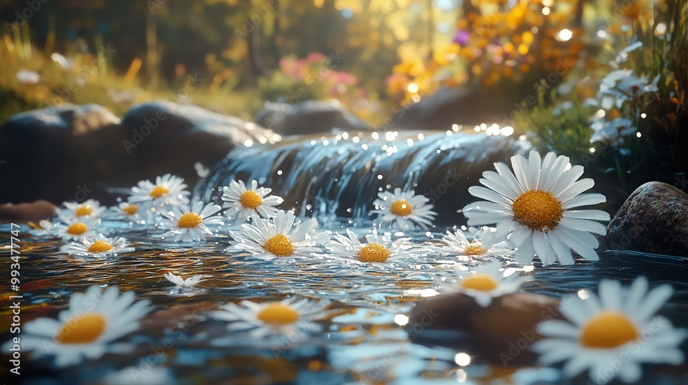 Poster Daisies Floating on a Stream in a Sunlit Meadow