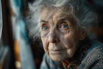 A elderly woman peers out of a window, possibly lost in thought