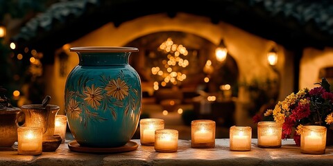 A blue and white hand-painted vase with floral motifs rests on a stone surface, surrounded by flickering candlelight in glass holders, creating a warm and inviting ambiance.