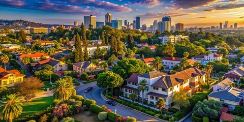 Naklejka premium Scenic View of Westwood Neighborhood in Los Angeles with Iconic Architecture and Lush Greenery