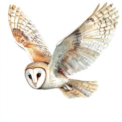 Fototapeta premium Barn owl soaring in flight, white isolate background