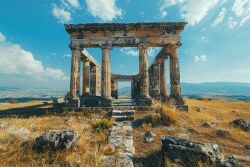 Fototapeta premium A stone structure sits atop a hill, surrounded by a clear blue sky