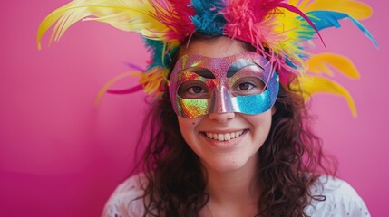 Fototapeta premium A woman wears a colorful mask with feathers on her head, suitable for cultural or festive events