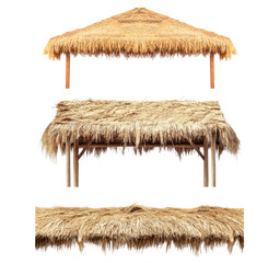 Thatched roof structures are made from dried grass or straw. Generative AI thatching straw roof collection on a transparent background.