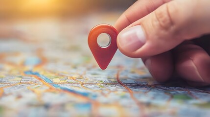 hand on the map with gps signal and location. Showing Location on map with marker. Hand holding pin icon on map, red locatin icon. Concept of loaction, adress and navigation