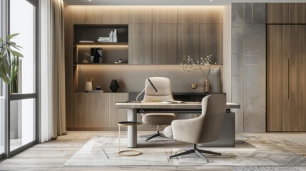 Stylish Home Office Setup with Comfortable Chair and Sleek Desk in Modern Living Room