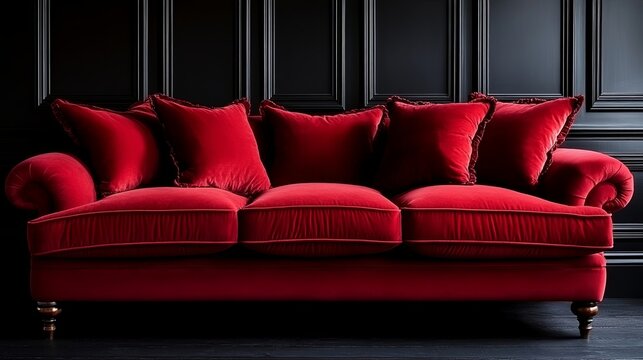 A plush, crimson velvet sofa with elegant, tufted back cushions rests on a black wood floor, a timeless piece of furniture that evokes a sense of comfort and sophistication.