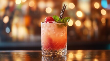 Refreshing Mocktail on a Bar Counter with Bokeh Effect Perfect for Promotion and Social Media Content