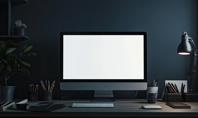 A sleek, modern desktop computer with a blank white screen mockup placed on an office desk in a dark room. Created with Ai