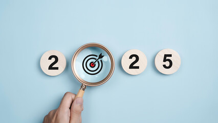 Happy new year 2025 with business concept. 2025 year number with Target icon inside the golden...