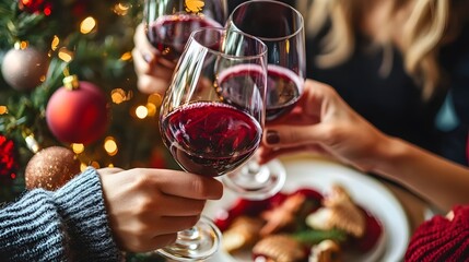 Friends Toasting with Red Wine at Festive Christmas Dinner,Joyful Expressions and Warm Holiday Decor