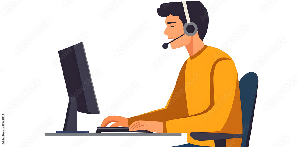 Sticker Young man working in customer service wearing a headset flat illustration isolated on background