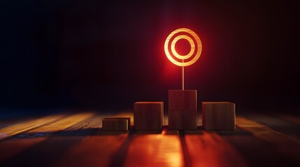 Dartboard symbol with an arrow pointing at target icon. concept of business defining mission, goals, and process for success. wooden block with arrow pointing target icon business development strategy