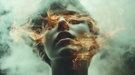 A person's face is obscured by a wispy, ethereal smoke. The smoke is a mix of white and yellow, creating a sense of mystery and intrigue.