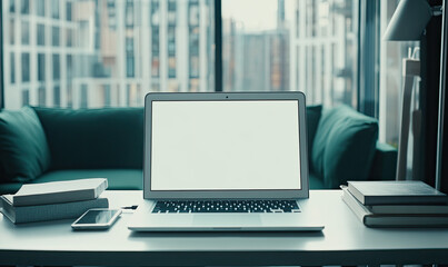 A close-up shot of an open laptop with a blank screen placed on the coffee table in front of a green sofa, surrounded by some books and a mobile phone. Created with Ai
