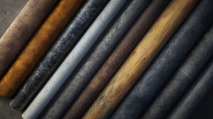 Collection of Rolled Up Textured Materials Featuring Leather, Wood, and Concrete