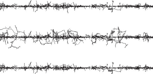 a series of sound waves on a white background, A set of black and white fence lines with different shapes, a border wire with barbed wire, barbed with a line