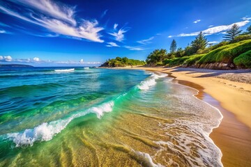 Serene Beach Landscape with Gentle Waves and Clear Blue Sky Capturing the Essence of Coastal Beauty
