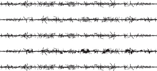 Fototapeta premium a series of black and white sound waves, A set of black and white fence lines with different shapes, a border wire with barbed wire, barbed with a line