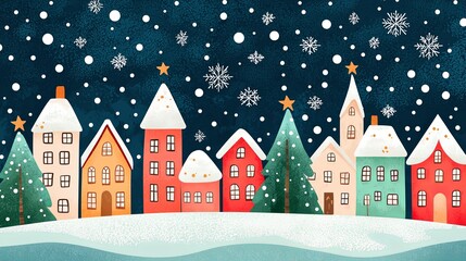 A charming winter village scene featuring colorful houses, snow-covered rooftops, pine trees, and falling snowflakes, perfect for the holiday season.