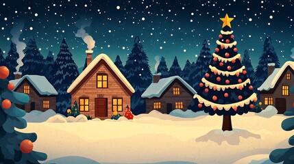 A cozy winter scene featuring snow-covered houses, a decorated Christmas tree, and falling snowflakes against a starry night sky.