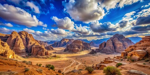 Fototapeta premium Serene Blue Skies Over Majestic Jordanian Landscape Perfect for Travel and Adventure Enthusiasts