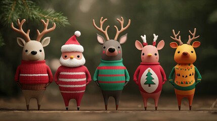 Festive, adorable animal figurines in colorful sweaters, celebrating the holiday season with a cheerful ambiance.