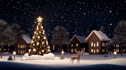 Fototapeta premium A cozy winter scene featuring a lit Christmas tree, a deer, and snow-covered houses surrounded by falling snowflakes.
