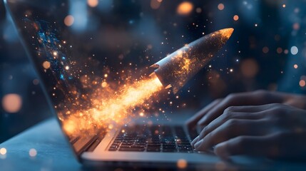 Businessman Launching Glowing Rocket of Creative Ideas from Laptop Screen,Futuristic Digital