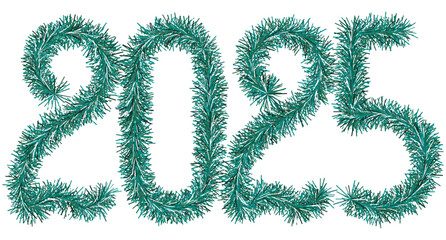 Tinsel. 2025. Lettering from festive Christmas decoration. Fluffy numbers. Green color. Vector illustration. Isolated background. Cute plush message. Coming year. Rustling lettering. 