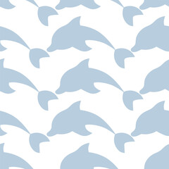 Dolphin. Gray sea mammal. Endless vector pattern. Repeating ornament of diving sea mammals. Isolated colorless background. Flat style. Ocean inhabitant with fins and tail. Web design idea.