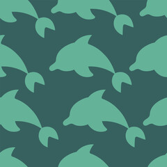Dolphin jumping. Green sea mammal. Repeating vector pattern. Seamless ornament of diving sea mammals. Isolated green background. Flat style. Ocean inhabitant with fins and tail. Idea for web design.