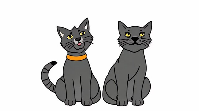 two gray cats sitting side by side, one wearing a collar and smiling, representing companionship, pets, and feline friendship
