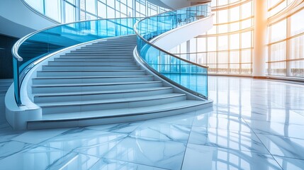 Fototapeta premium A Modern Staircase with a Glass Railing and a View of the City Through Large Windows