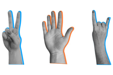 Trendy halftone collage of Hands showing gestures. Retro abstract vector illustration.