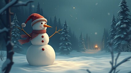 Obraz premium Image of a snowman in a snowy forest. Christmas mood