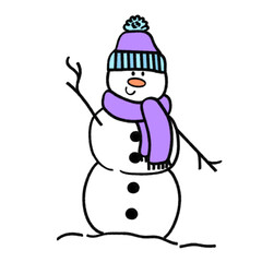 a drawing of christmas ornament, snowman waving and give a cute smile