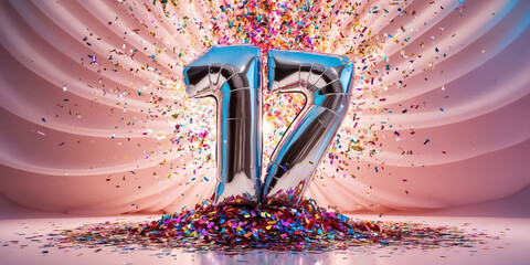 Shiny number 17 balloon, confetti, festive design background