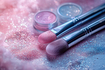 Makeup brushes and pink glitter powder, close-up background