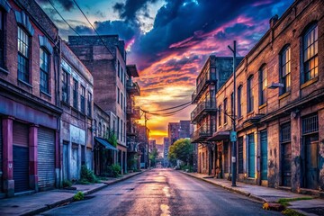 Fototapeta premium Serene Empty City Streets at Dusk with Soft Lighting and Abandoned Buildings in Urban Environment