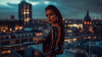Beautiful woman in a shimmering dress poses on a balcony at dusk overlooking a city skyline.