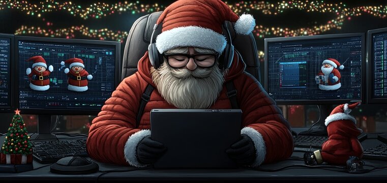 A cozy Santa Claus in a festive setting, using a tablet while surrounded by computer screens decorated for Christmas.