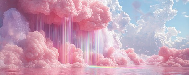 Heaven ambiance with fantasy clouds concept. Fantasy Pink Clouds with Colorful Light Rays and Rainbow Reflection Over Calm Water