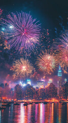 Obraz premium Colorful Fireworks Show for New Year's Over City Skyline 