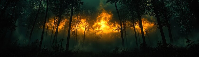 Fototapeta premium Fantasy ambiance with a cloudscape concept. A mysterious forest scene with dark trees silhouetted against a glowing orange sky, evoking a sense of intrigue and beauty