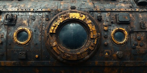 Fototapeta premium A weathered and rusted metal surface featuring a large round porthole framed in gold, flanked by two smaller portholes, showcasing the gritty details of a futuristic or steampunk aesthetic.