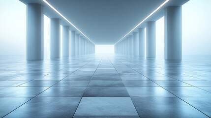 Obraz premium A minimalist hallway with white pillars and a tiled floor, leading towards an undefined end, creating a sense of mystery and perspective